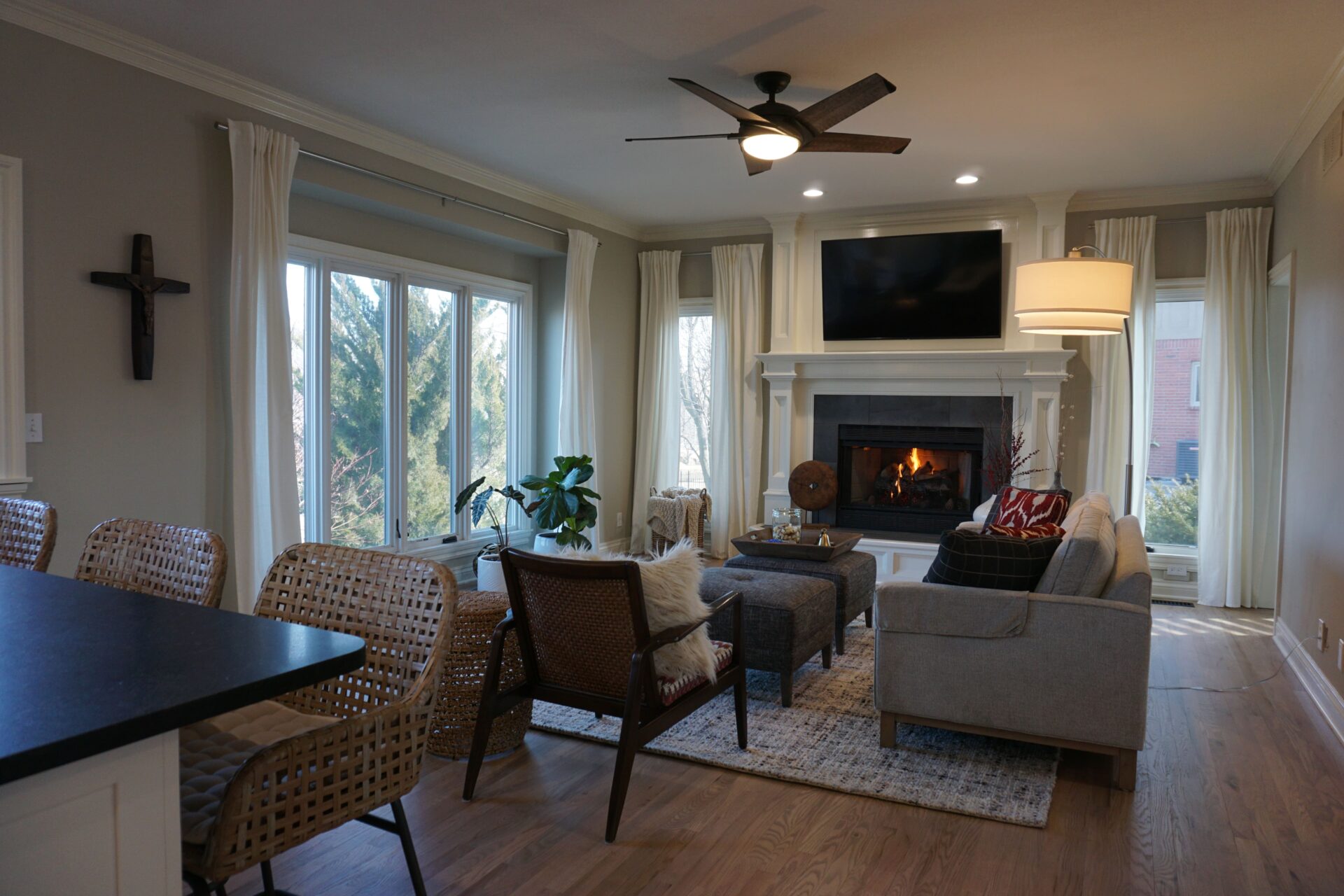 cozy living room with fireplace and wood floor