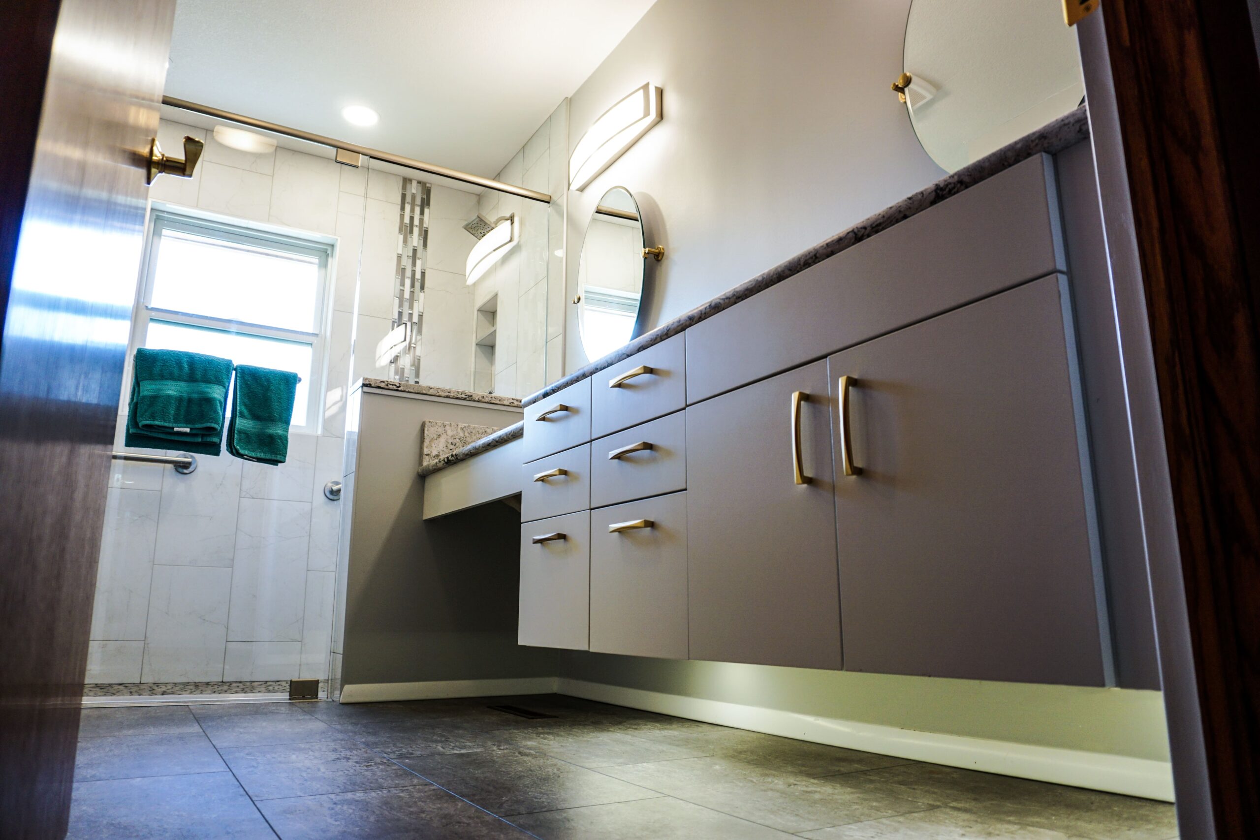 bathroom grey cabinets with shower