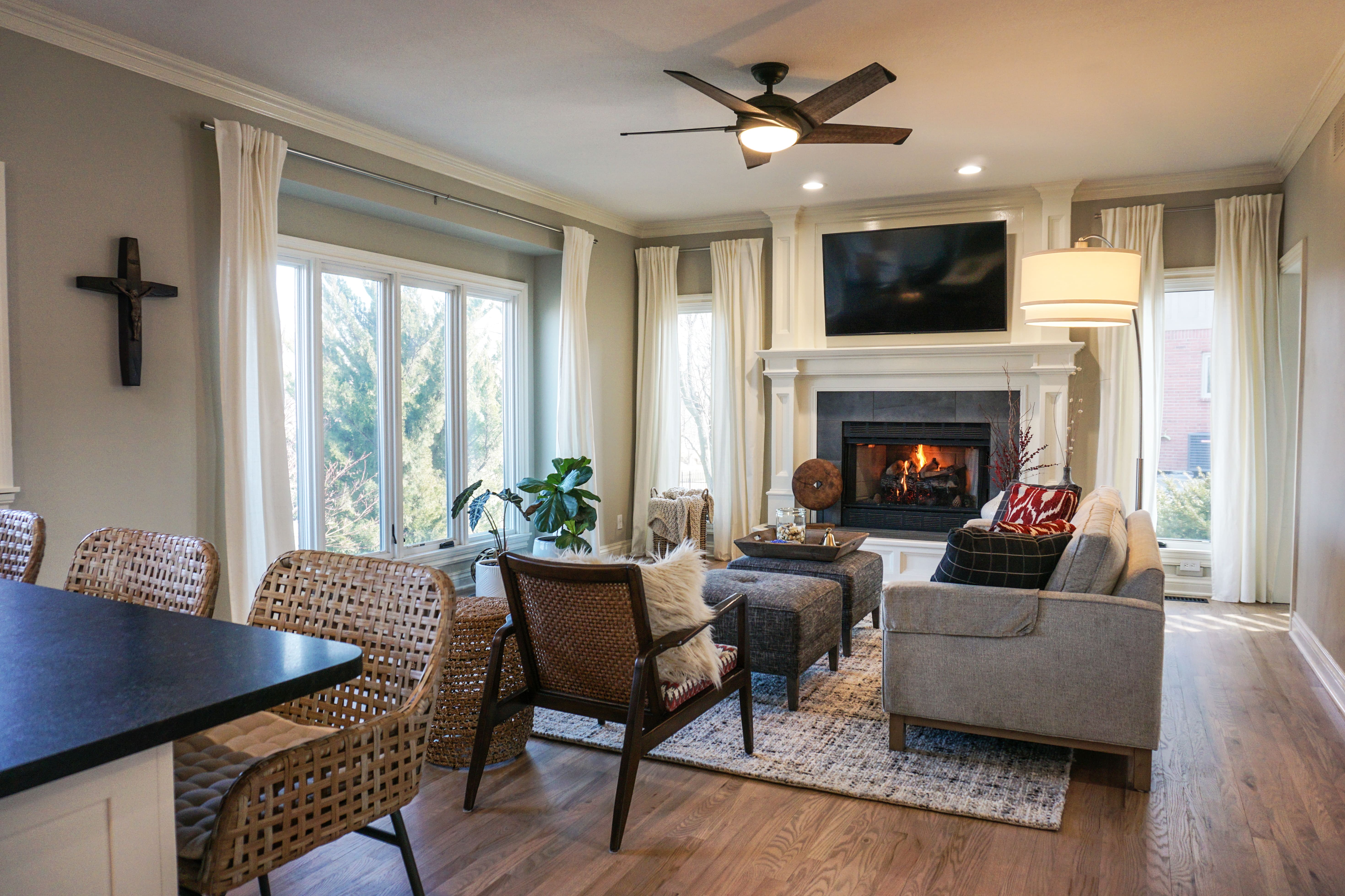 cozy living room with fireplace and wood floor